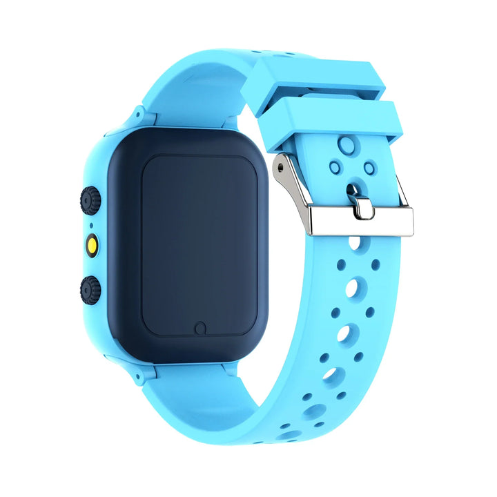 Kids smartwatch with safety tracker laid flat alongside charging cable
