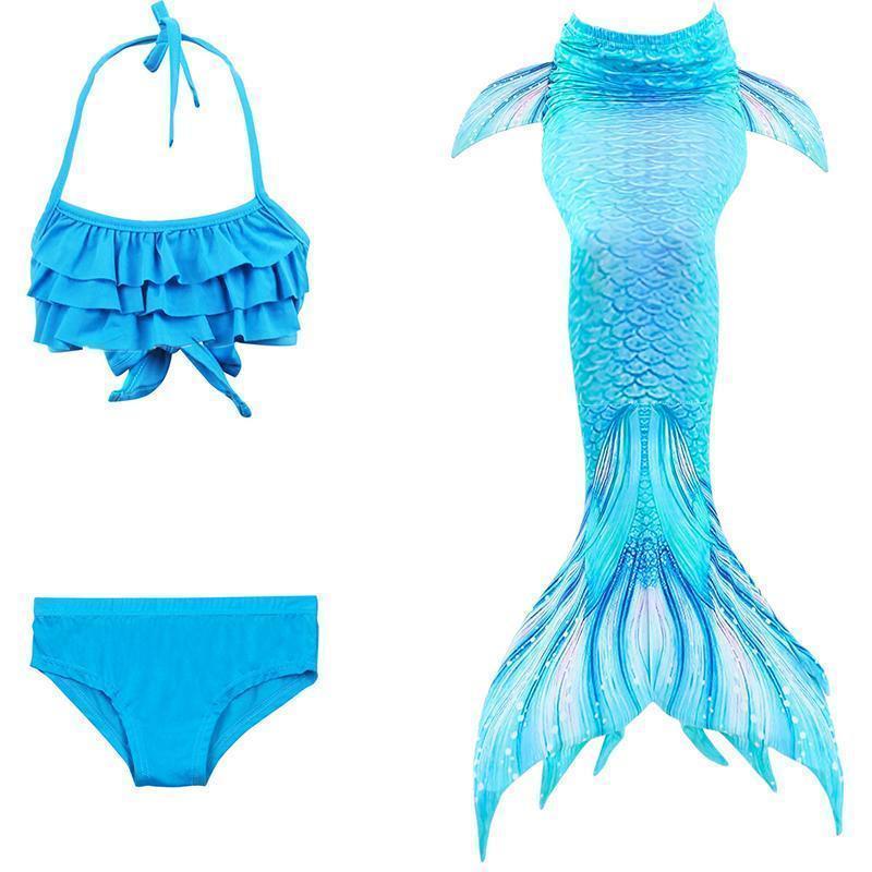 Girls blue mermaid swimsuit set with ruffled top and tail