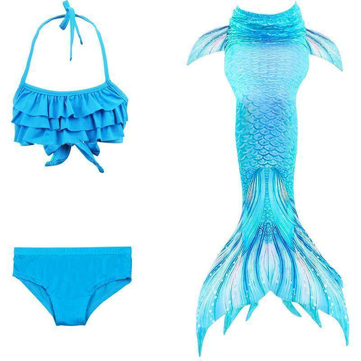 Girls blue mermaid swimsuit set with ruffled top and tail