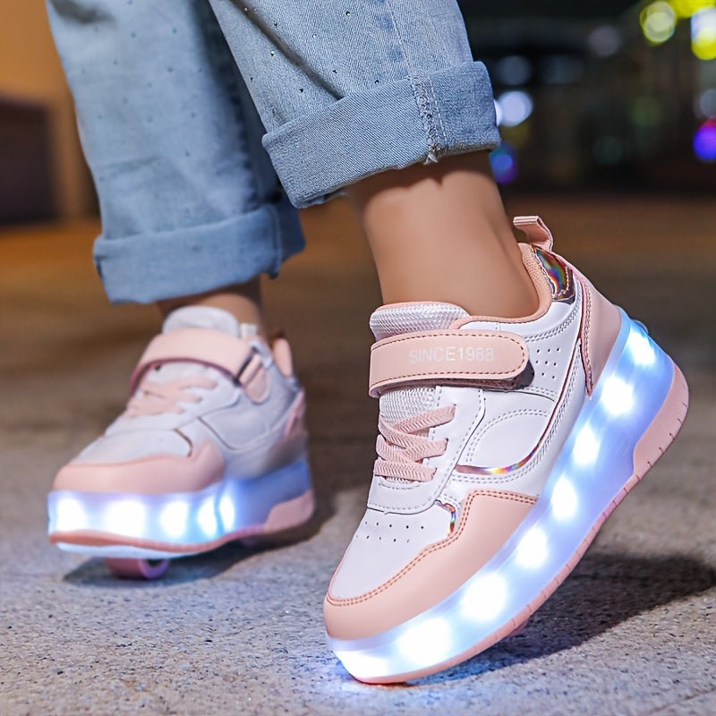 Pair of children's LED sneakers glowing brightly for fun active play