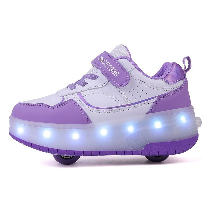 Purple and white children's roller sneaker with illuminated LED sole side view