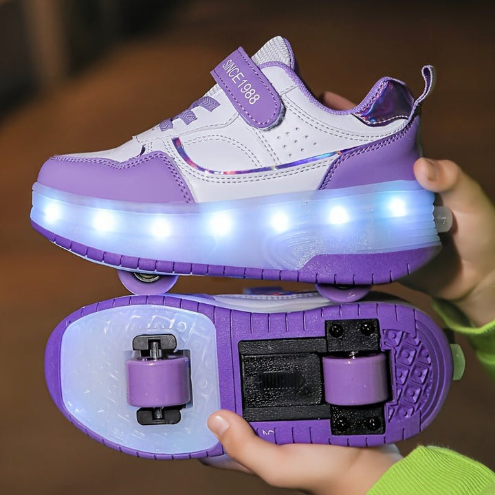 Bottom sole view of children's roller sneakers showing removable wheels and tread