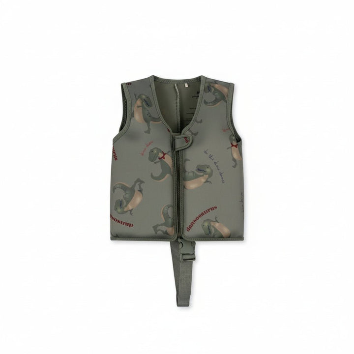 Green dinosaur print kids swim vest with bottom strap