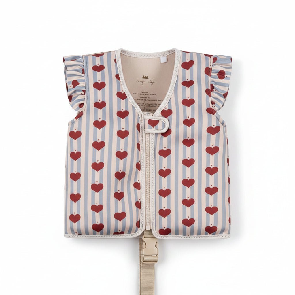 Heart pattern children's swim vest with blue stripes