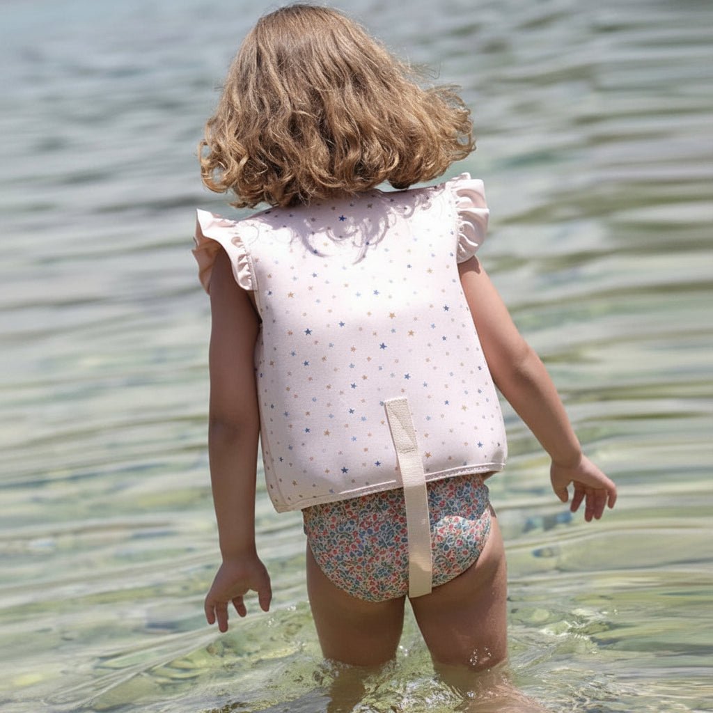 Close-up of durable buckles on kids swim gear and children's swim vest