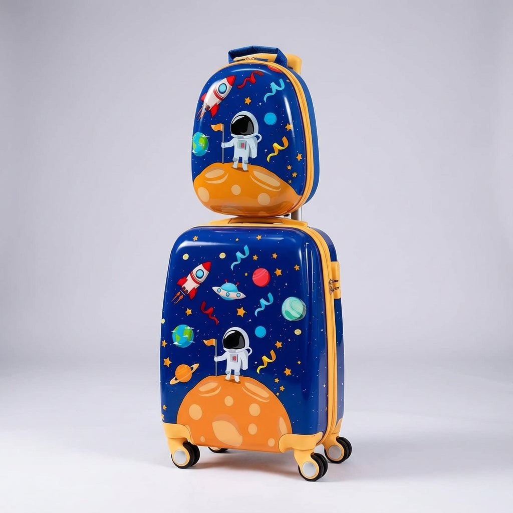 Children's astronaut themed blue hardshell travel suitcase and matching backpack set