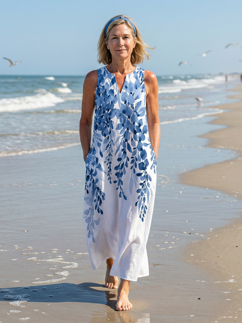 Woman walking on a beach wearing a white sleeveless floral maxi summer dress