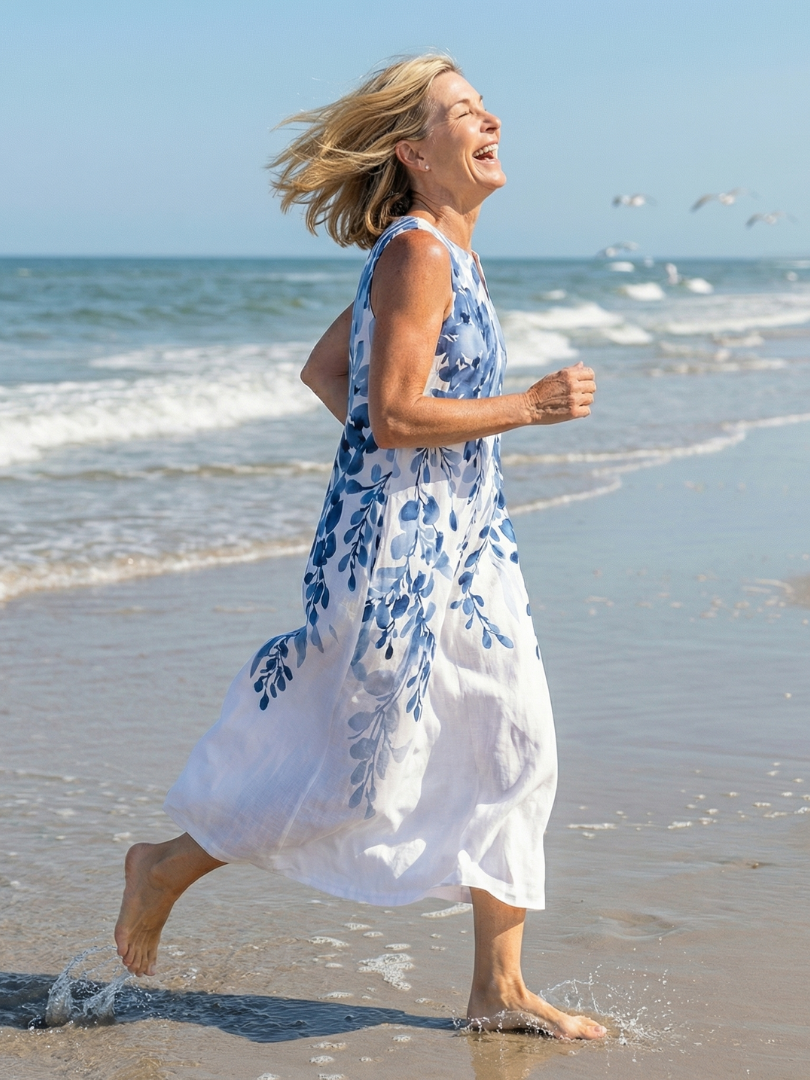 Happy woman running along the shore in a lightweight floral maxi dress