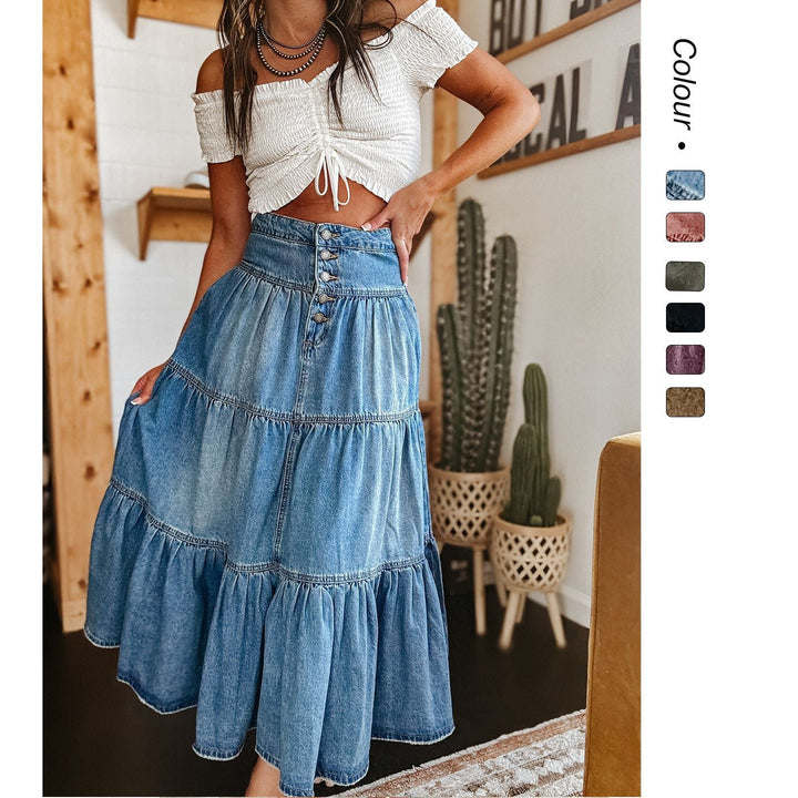 Display of denim blue tiered maxi skirt with color palette options