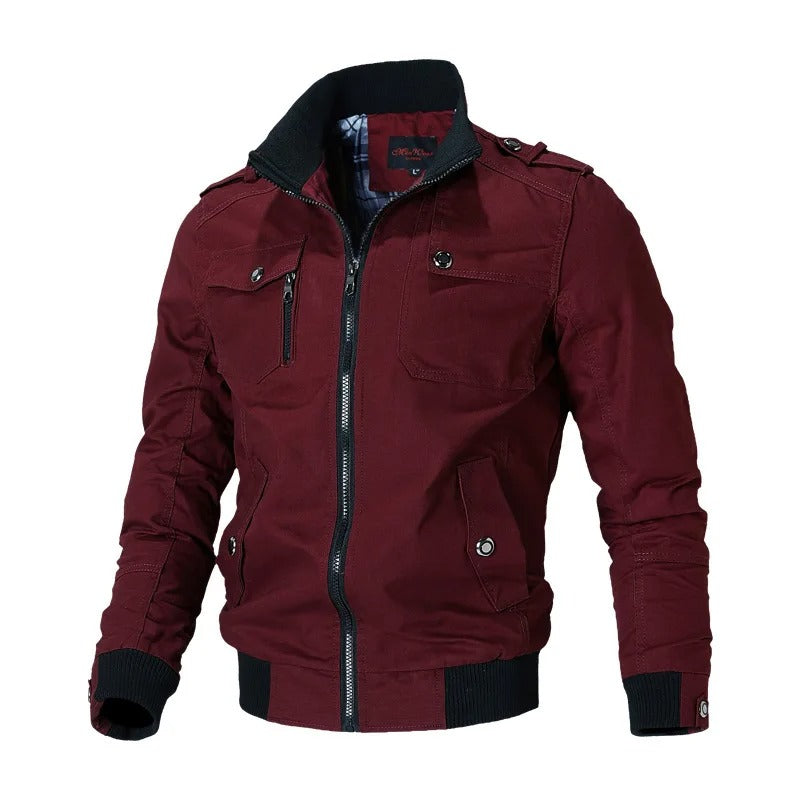 Mens full zip bomber jacket in casual utility style with stand collar