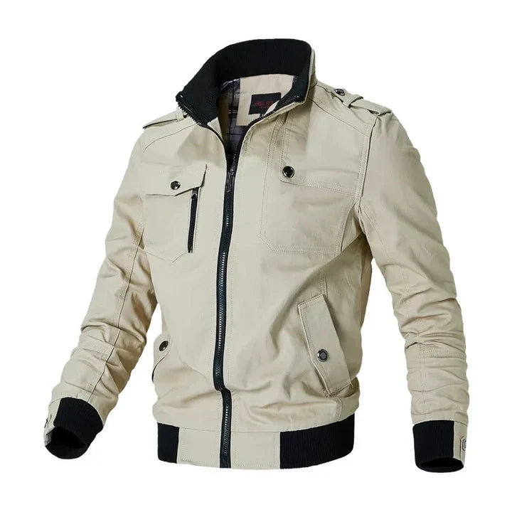Close up of full zip front and collar on mens fashion bomber jacket