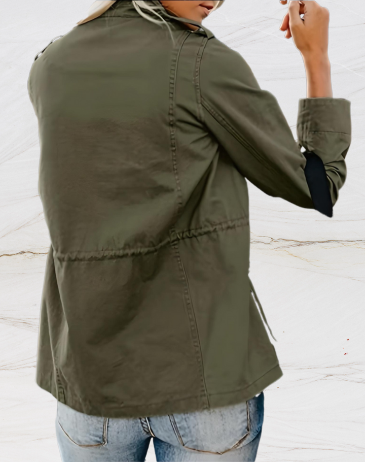 Back view of woman wearing green military utility jacket with drawstring waist