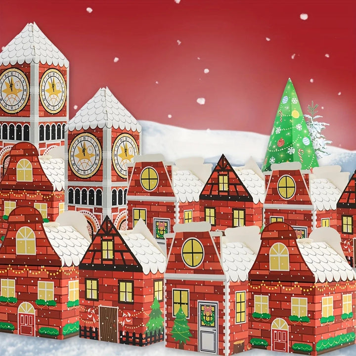 Festive gingerbread house advent calendar boxes arranged as a winter village display