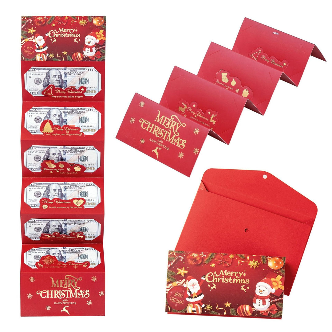 Festive Christmas cash gift envelope layout showing pull-out money slots and red outer cover