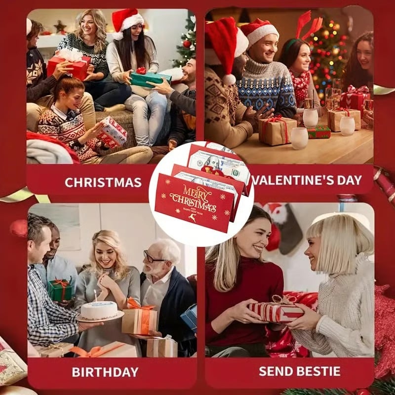 Wrapped Christmas present box paired with a festive cash gift envelope and money holder
