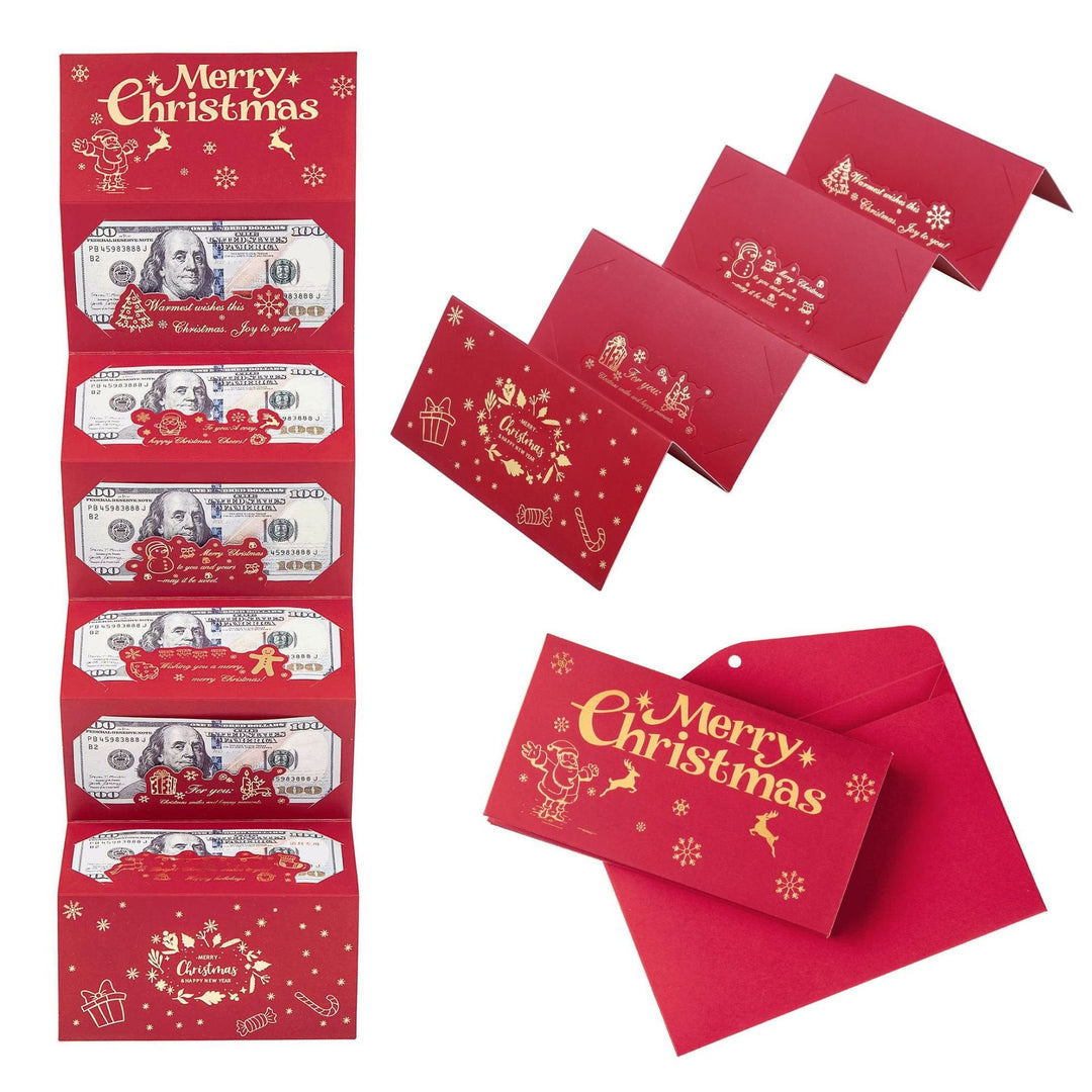 Christmas money envelope displaying holiday greetings and cascading currency compartments