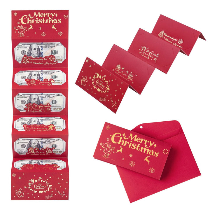 Christmas money envelope displaying holiday greetings and cascading currency compartments
