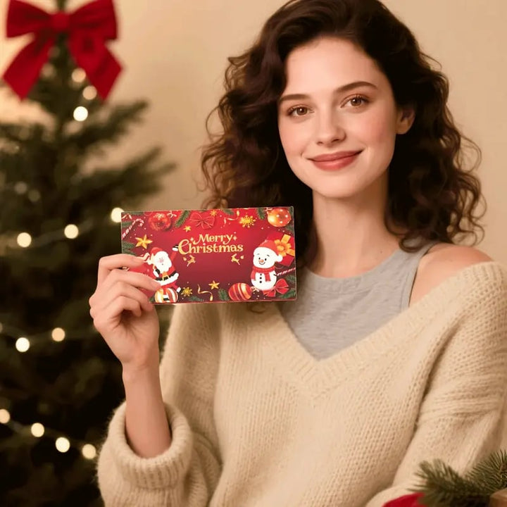 Close-up of pull-out Christmas money holder mechanism inside a festive holiday envelope