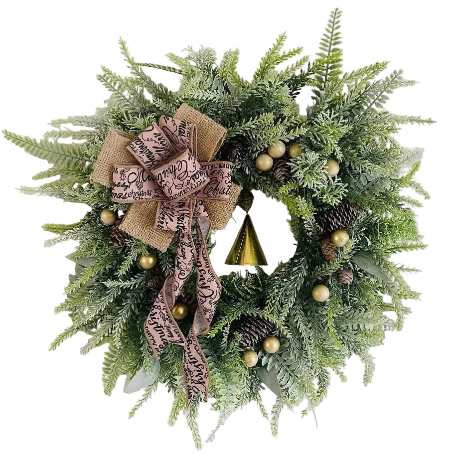 Full view of Christmas door wreath with pine cones and jute bow