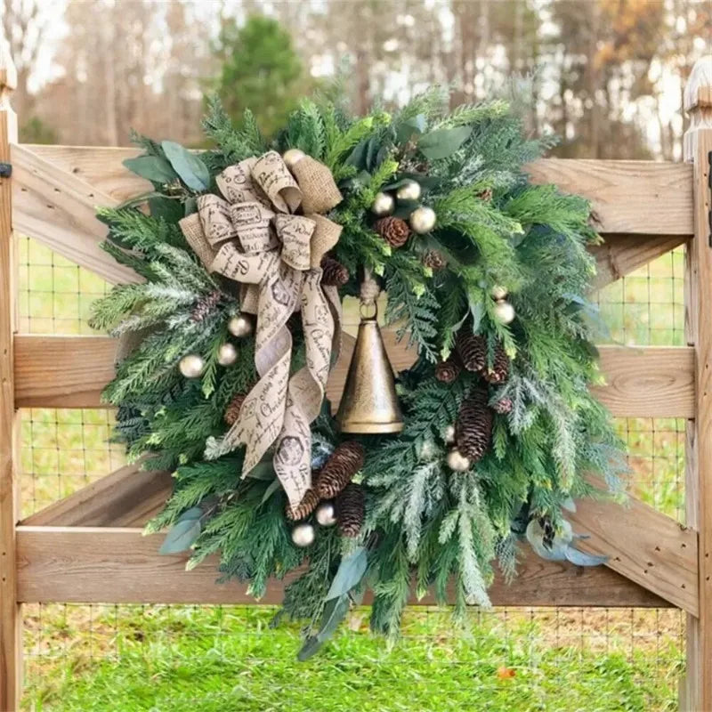 Artificial holiday decor pinecone wreath styled for seasonal home entrance