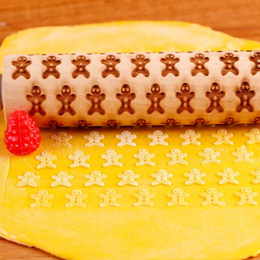 Gingerbread man pattern embossed clearly onto cookie dough with a rolling pin