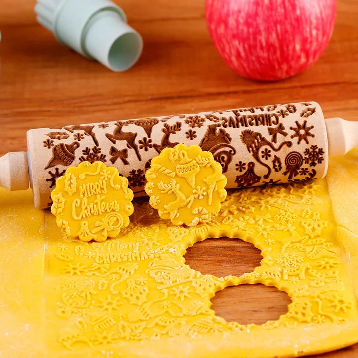 Close-up of engraved wooden roller for making patterned Christmas cookies and pastries