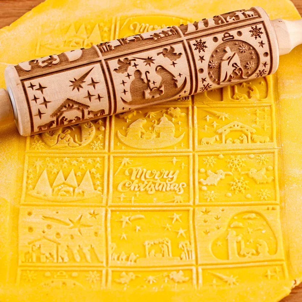 Angled view of engraved wooden rolling pin designed for festive holiday cookie dough