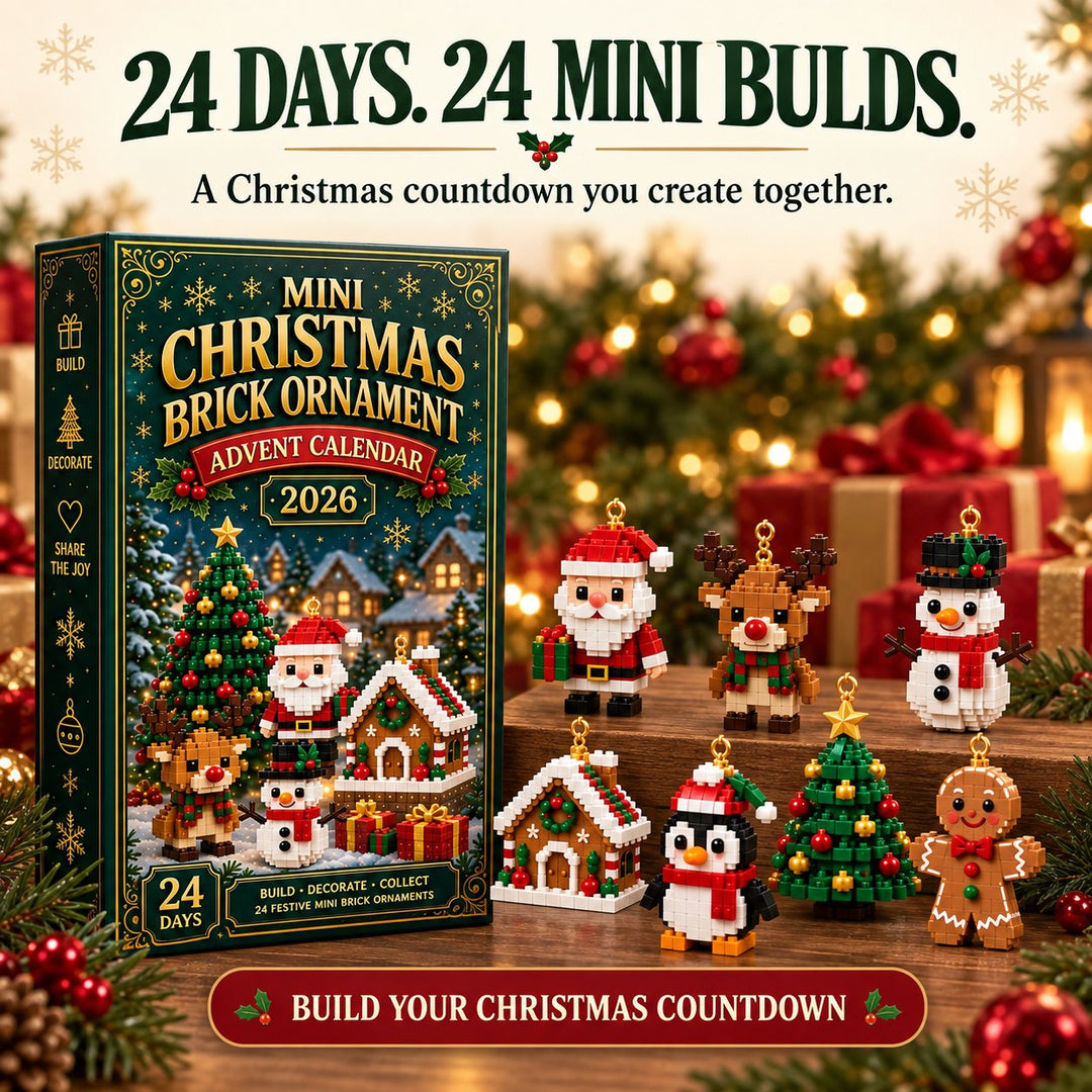 Christmas Ornament Advent Calendar box displayed next to assembled brick figures like Santa and a snowman.