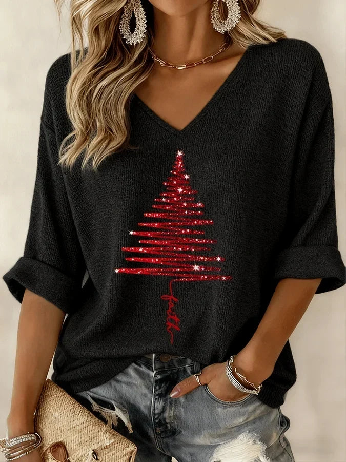 Womens Christmas V-neck knit top with festive holiday sweater graphic and cozy winter style