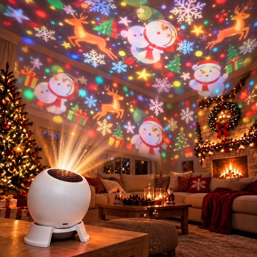 Christmas projector night light illuminating a living room with festive patterns
