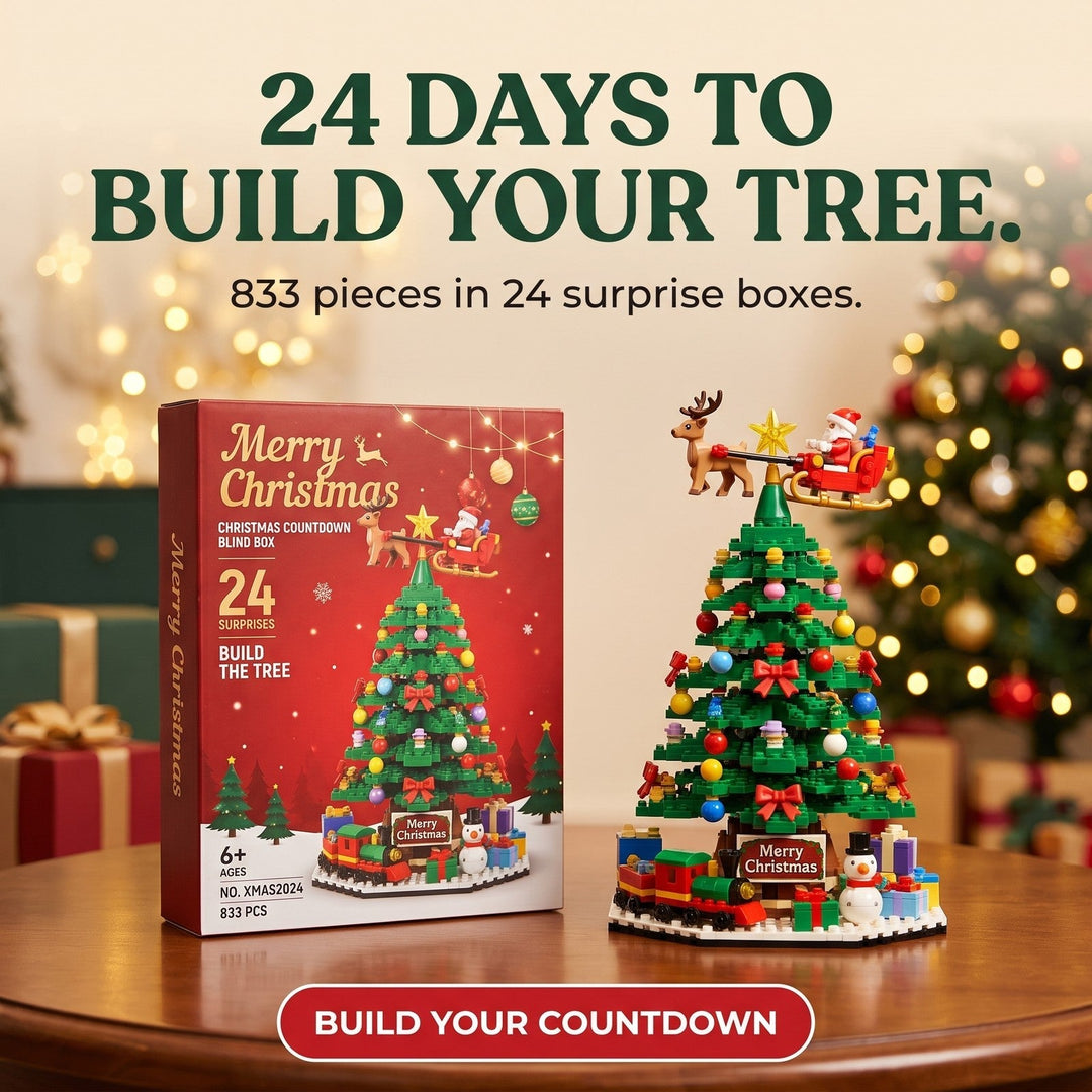 Christmas tree building brick advent calendar box and fully assembled tree display with 24 surprise compartments.
