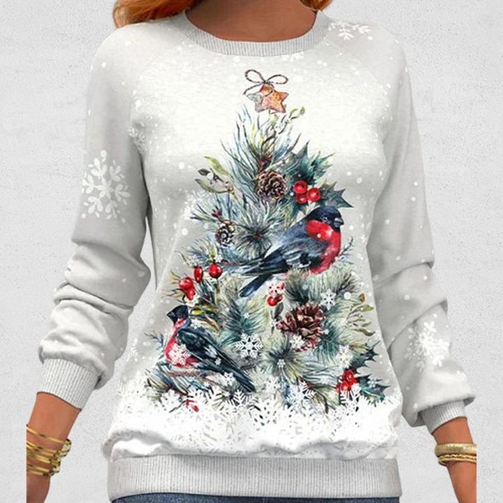 Full view of the holiday themed crewneck sweatshirt in white