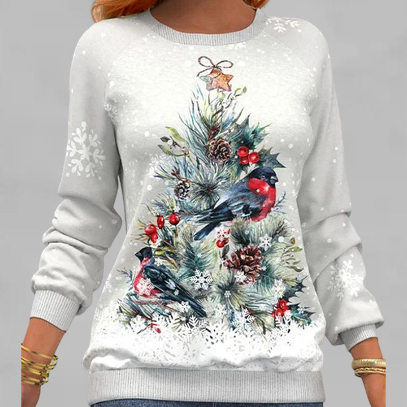 Back view of a women's holiday graphic sweatshirt featuring winter clothing raglan sleeve design