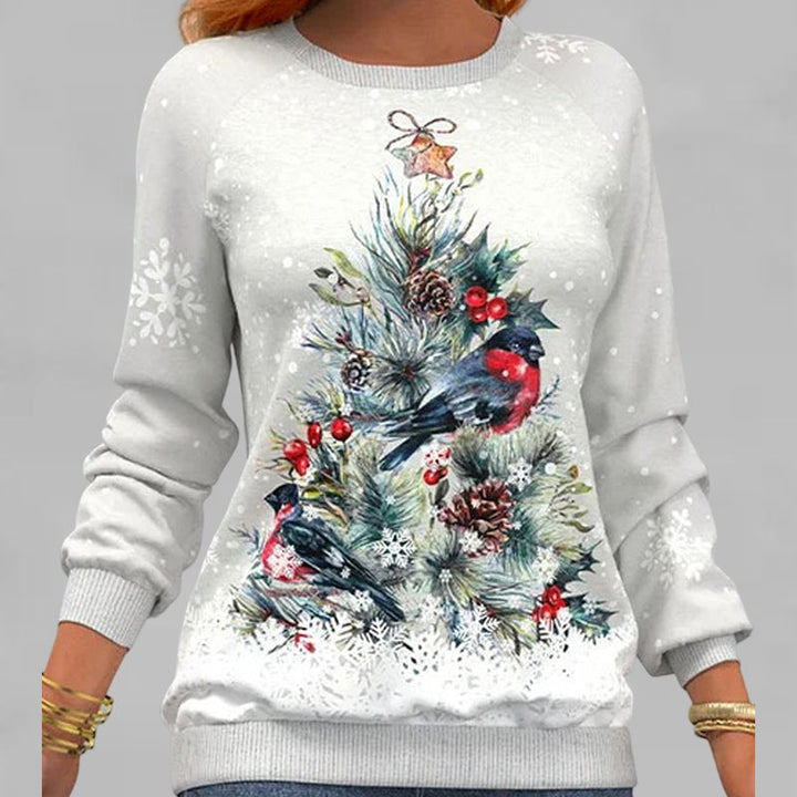 Back view of a women's holiday graphic sweatshirt featuring winter clothing raglan sleeve design