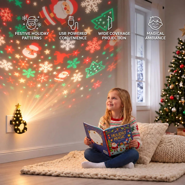 Christmas tree projector lamp plugged into wall projecting holiday patterns