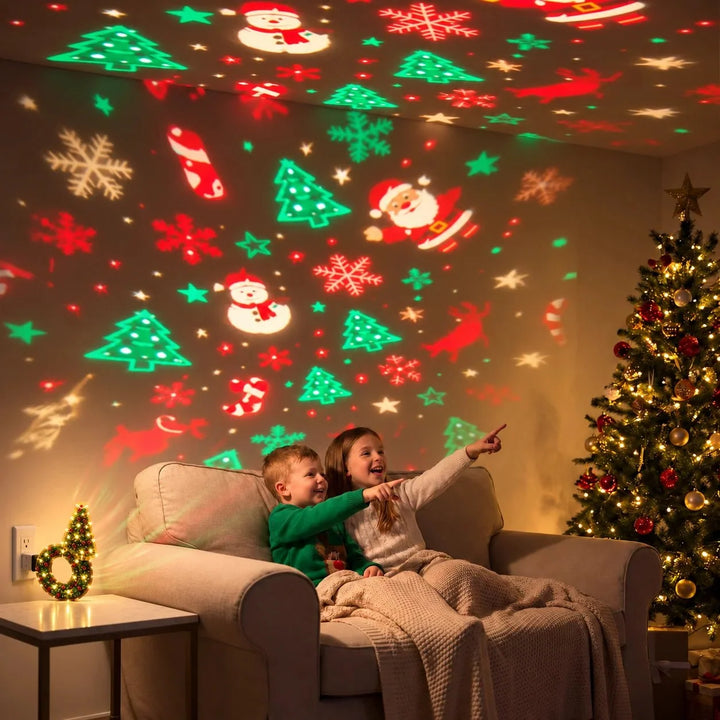 Children pointing at colorful Christmas tree projector light show on the wall