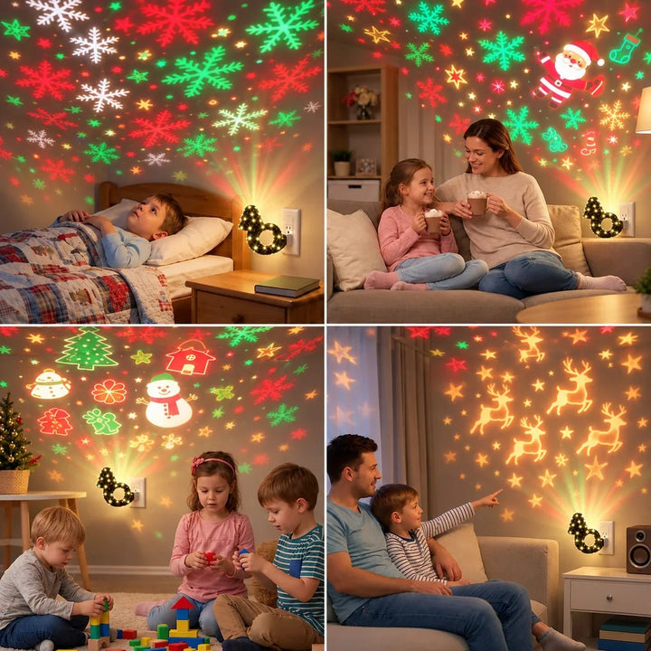 Collage showing family enjoying festive Christmas projector light display in various rooms
