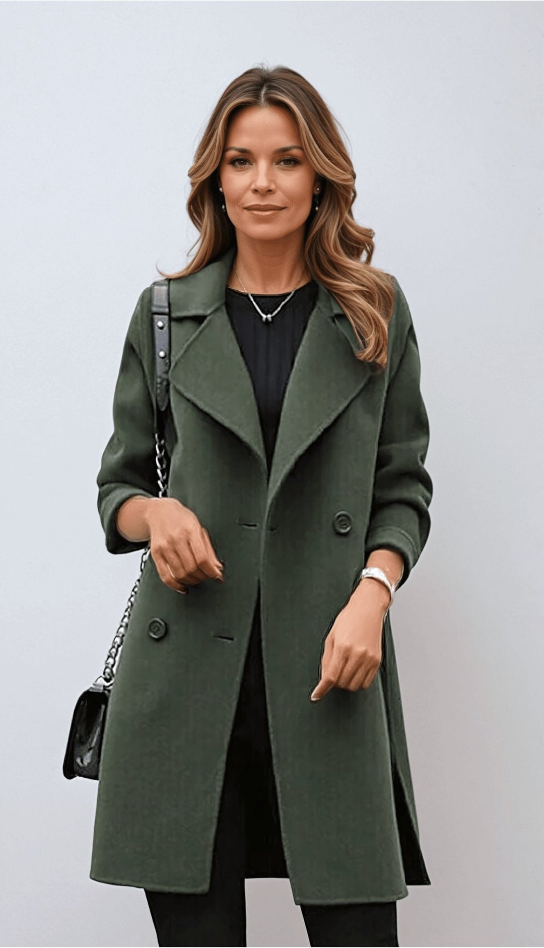 Woman wearing an army green double-breasted mid-length coat with a notched lapel