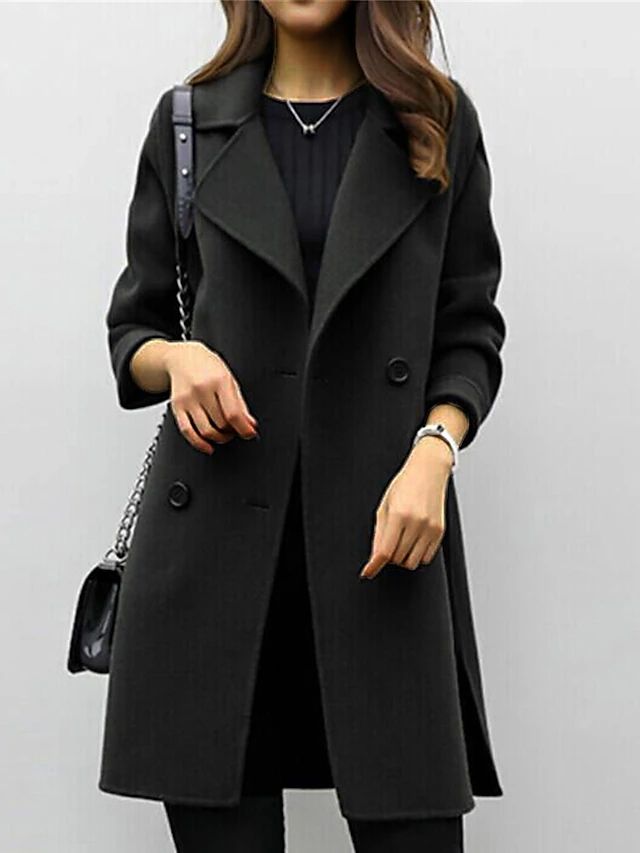 Classic brown double breasted mid-length coat, warm winter jacket for women