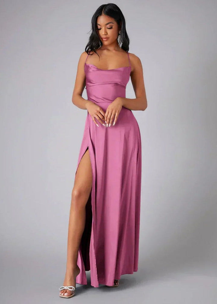 Elegant party dress in smooth satin fabric with a flattering floor-length maxi cut