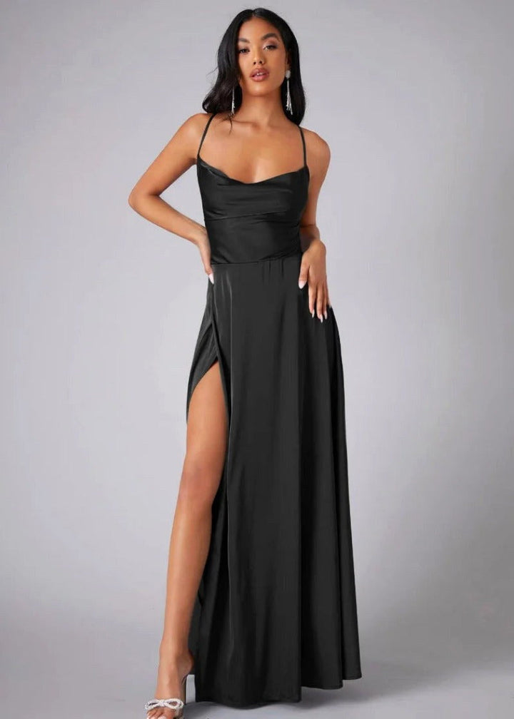 Formal wear evening dress showcasing an alluring open back design in silky satin