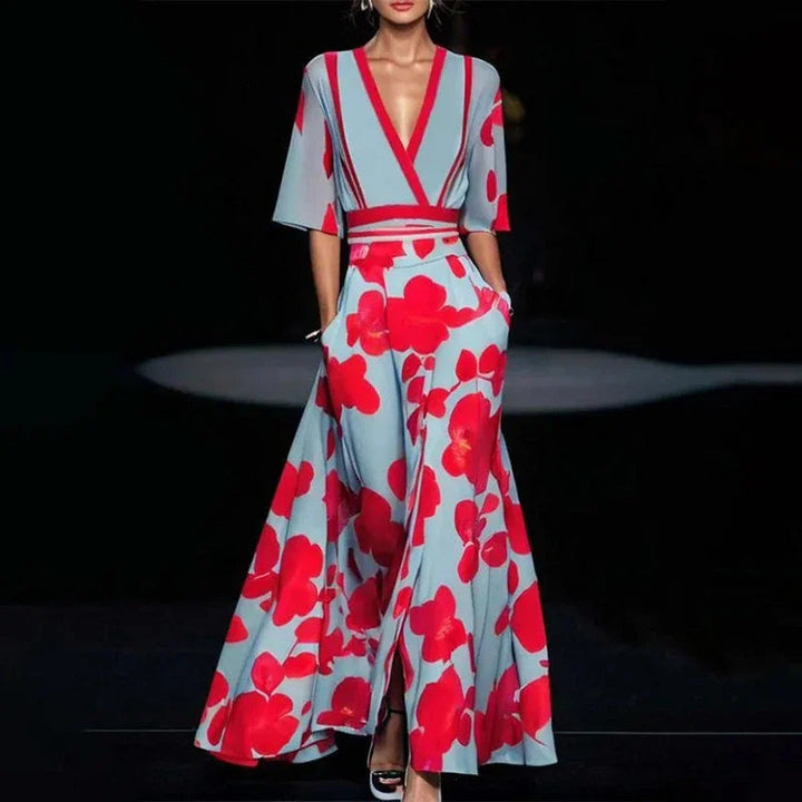 Full length view of floral cocktail maxi dress with half sleeves