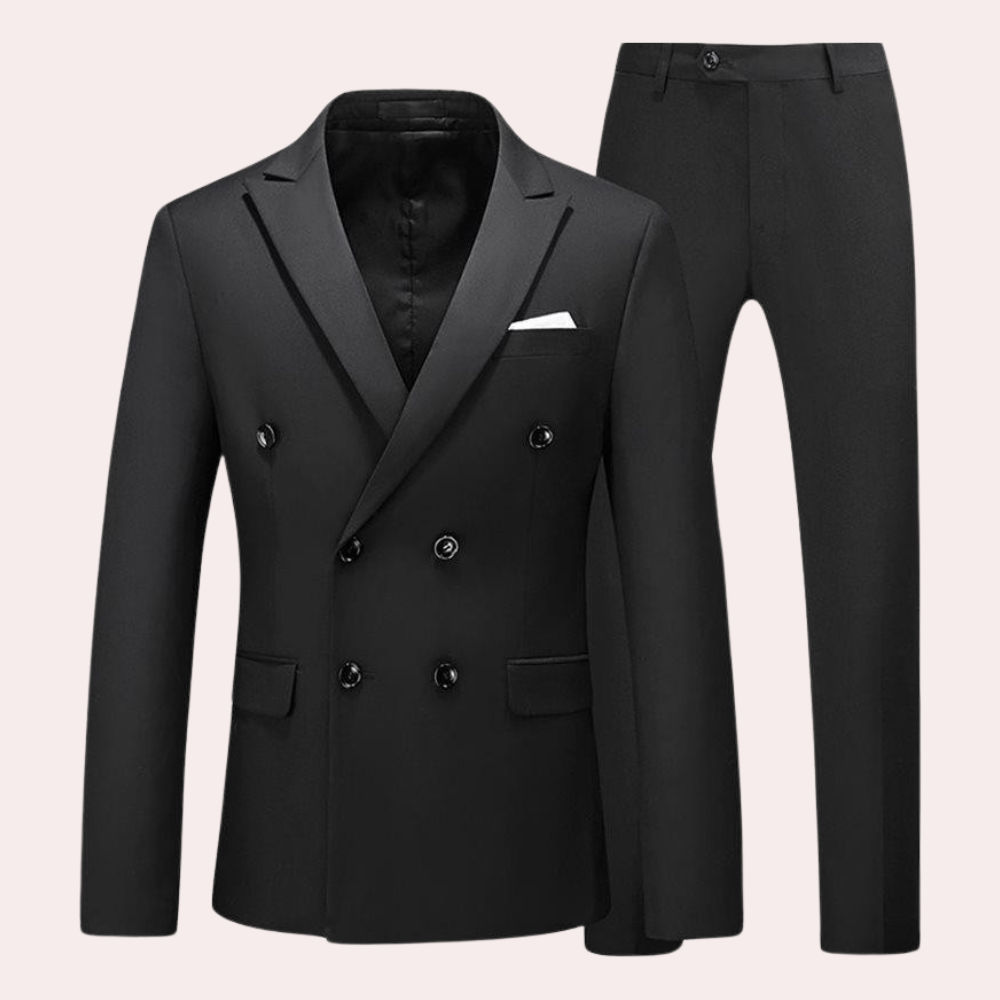 Men's black double breasted suit jacket and trousers set