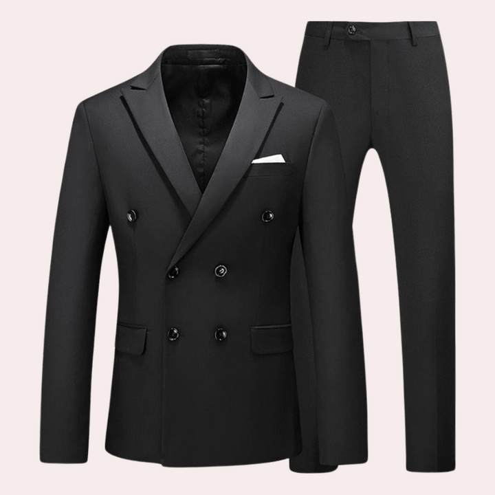 Men's black double breasted suit jacket and trousers set