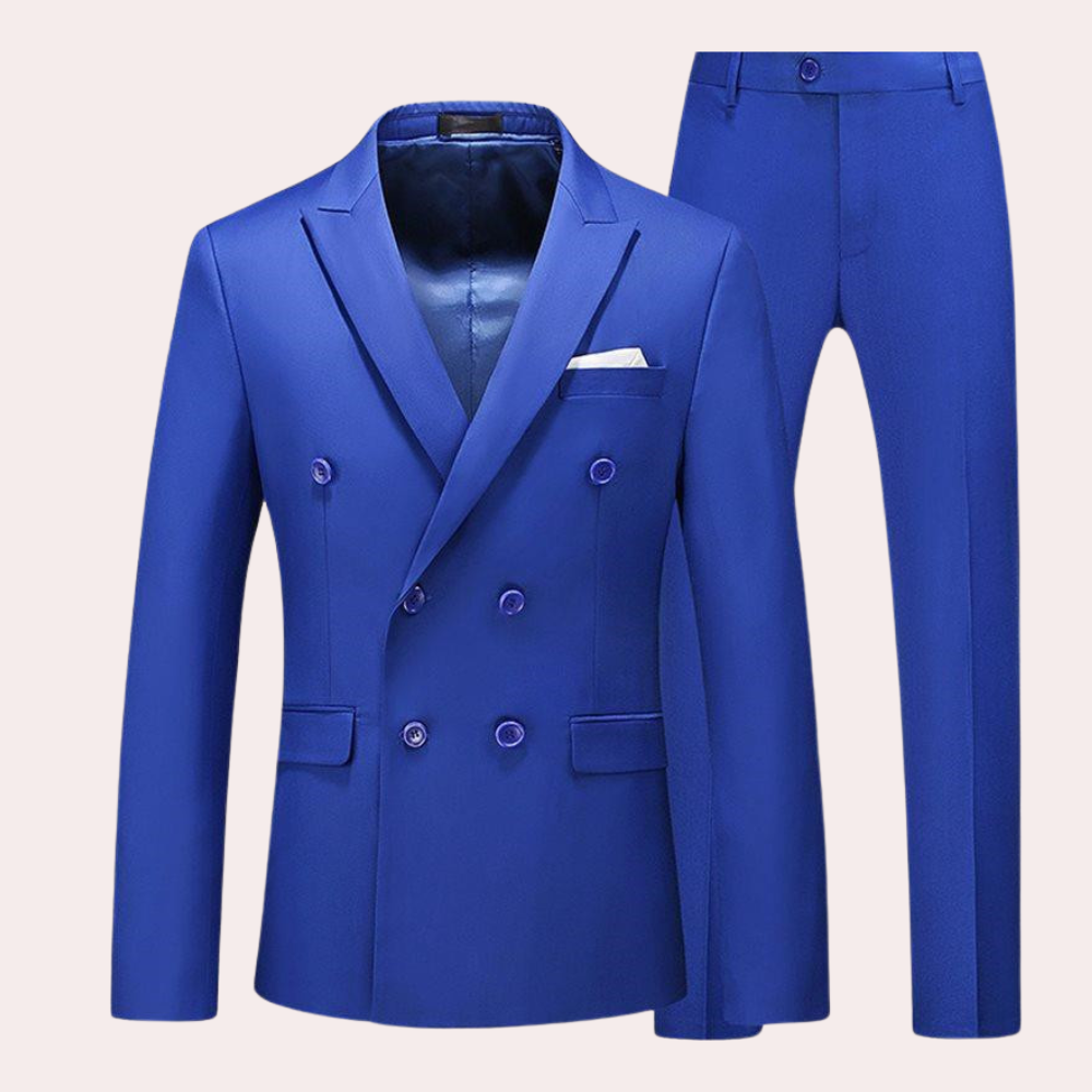 Men's vibrant blue two piece suit with button details