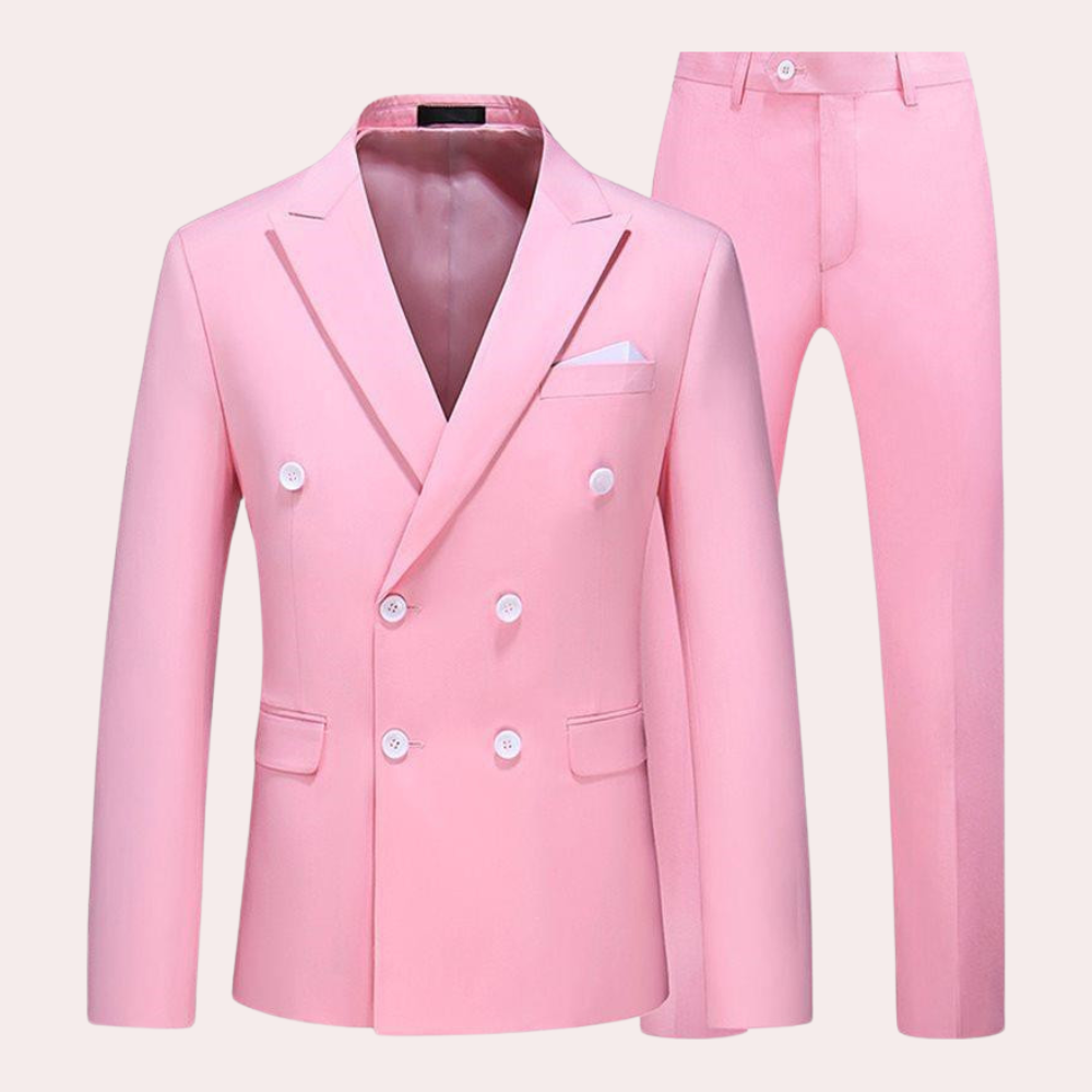 Side angle view of the men's classic 2-piece suit showing tailored trousers and modern slim fit