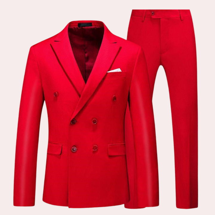 Close-up of the blazer lapel, buttons, and premium fabric texture of the men's formal suit