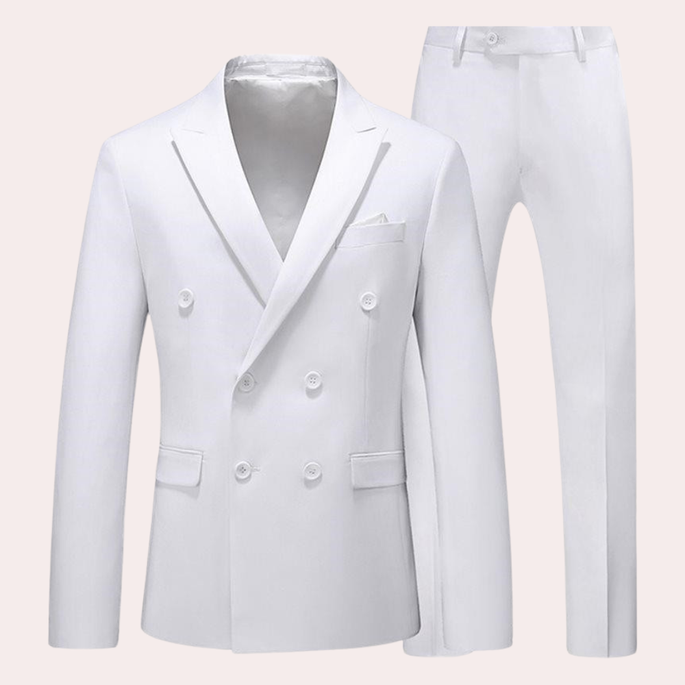 Back view of the two piece suit set highlighting the structured shoulders and sleek jacket cut