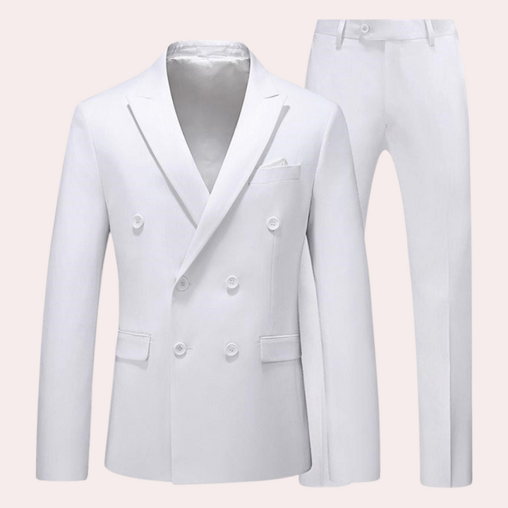 Back view of the two piece suit set highlighting the structured shoulders and sleek jacket cut