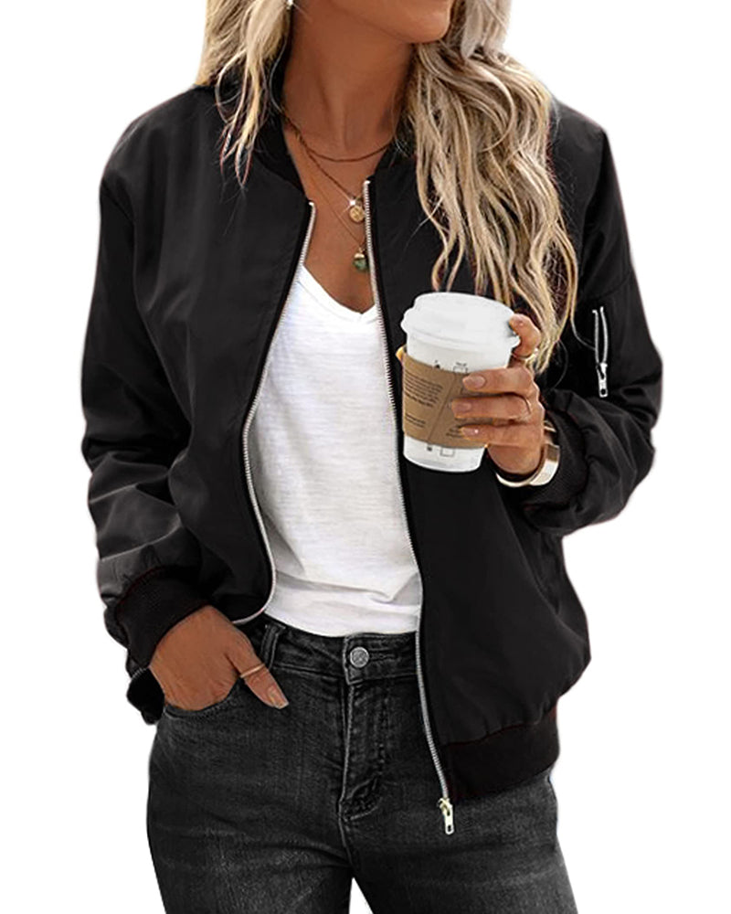 Women's classic bomber jacket styled for casual wear and layered fashion
